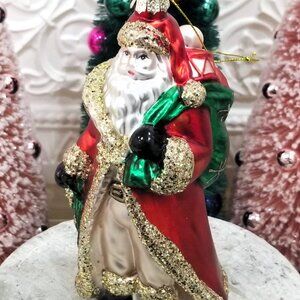 Large Blown Glass St Nick Christmas Ornament Toy Bag Tree Santa Gold Red